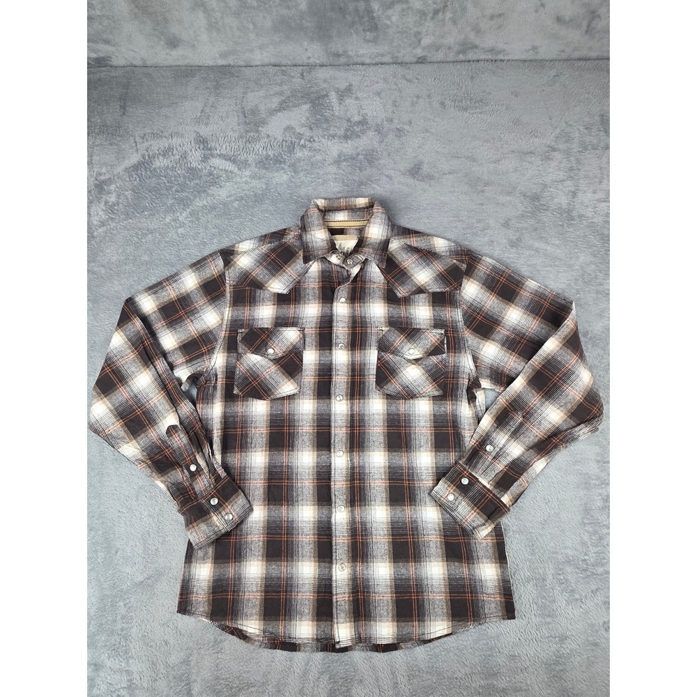 Ditch Plains Brown Plaid Western Pearl Snap Flannel Button Down Shirt Mens M
